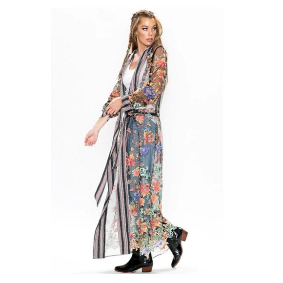 Aratta Jackets & Blazers - NWT Aratta Silent Journey Maxi Kimono Duster S Embroidered Humming Birds Flowers